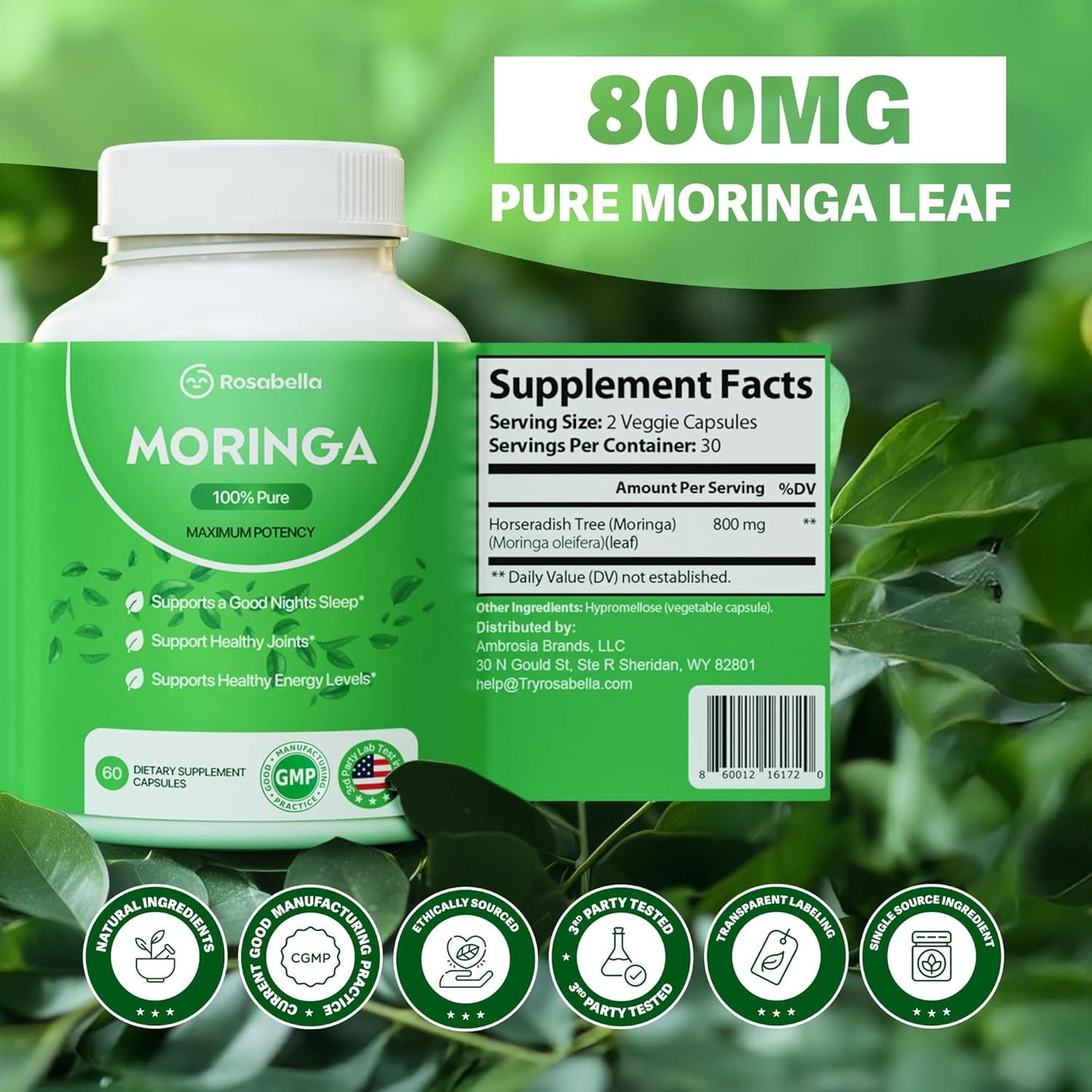 Rosabella Moringa Capsules – Natural Superfood Supplement (60 Count)